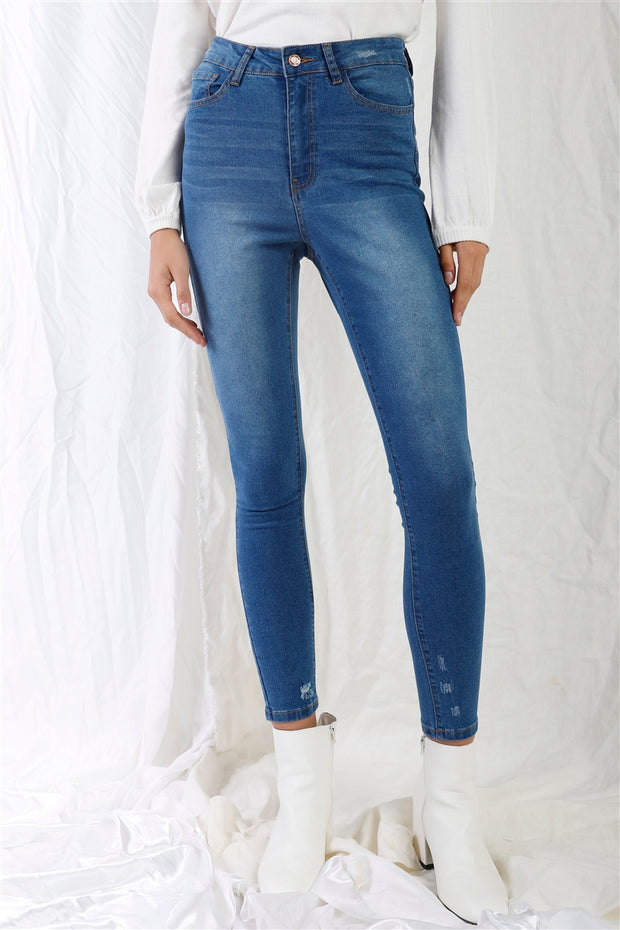 Mid Blue High-waisted With Rips Skinny Denim Jeans - Fashionmj