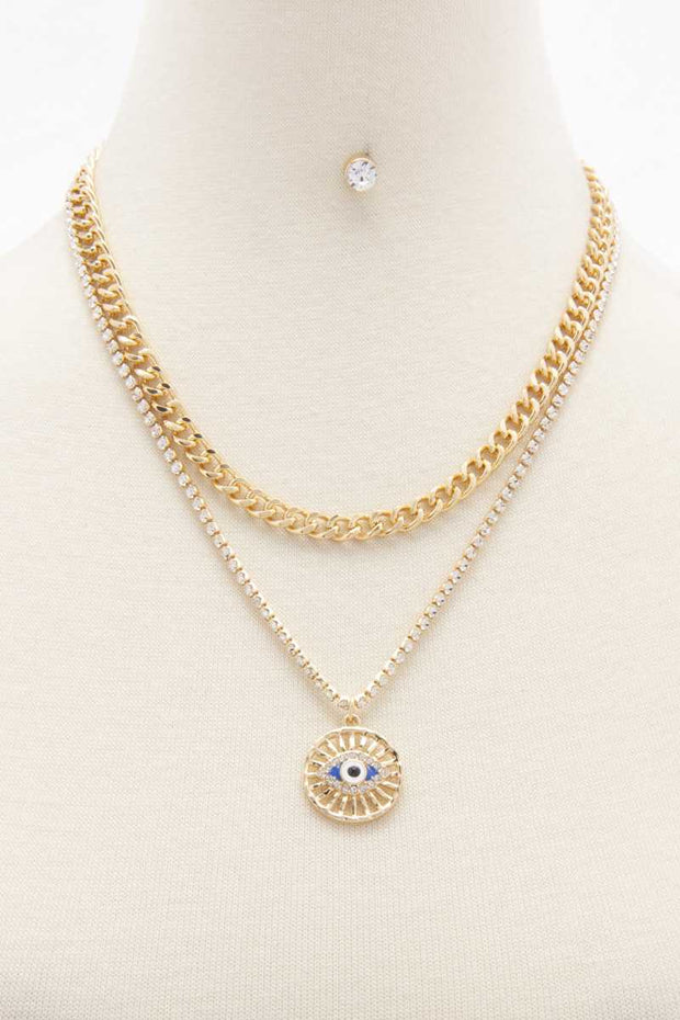 Eye Charm Rhinestone Layered Necklace - Fashionmj