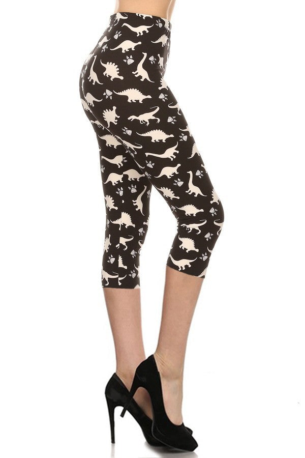 Dinosaur Printed High Waisted Capri Leggings With An Elastic Waist - Fashionmj