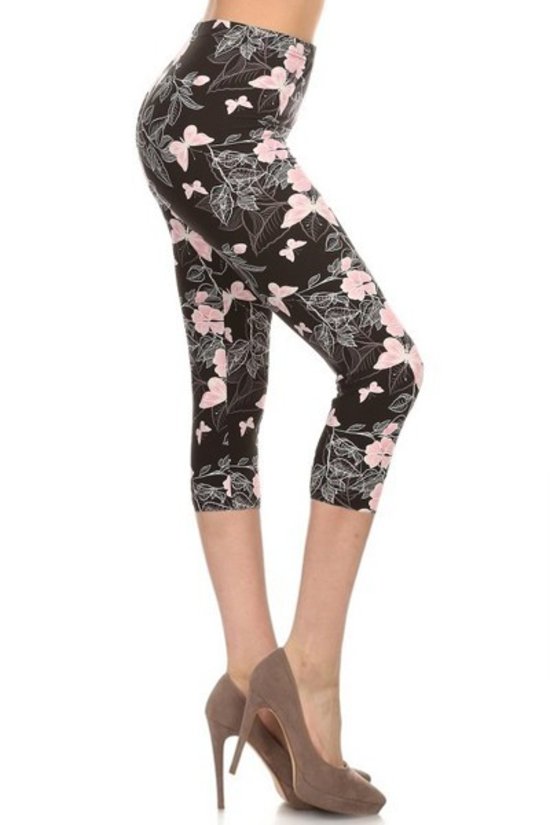 Multi-color Print, Cropped Capri Leggings In A Fitted Style With A Banded High Waist - Fashionmj