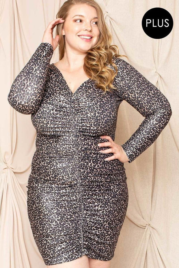 Leopard Print Shirring Plus Size Mini Dress - Fashionmj