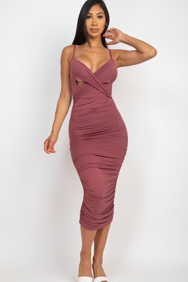 Cross Wrap Ruched Midi Dress - Fashionmj