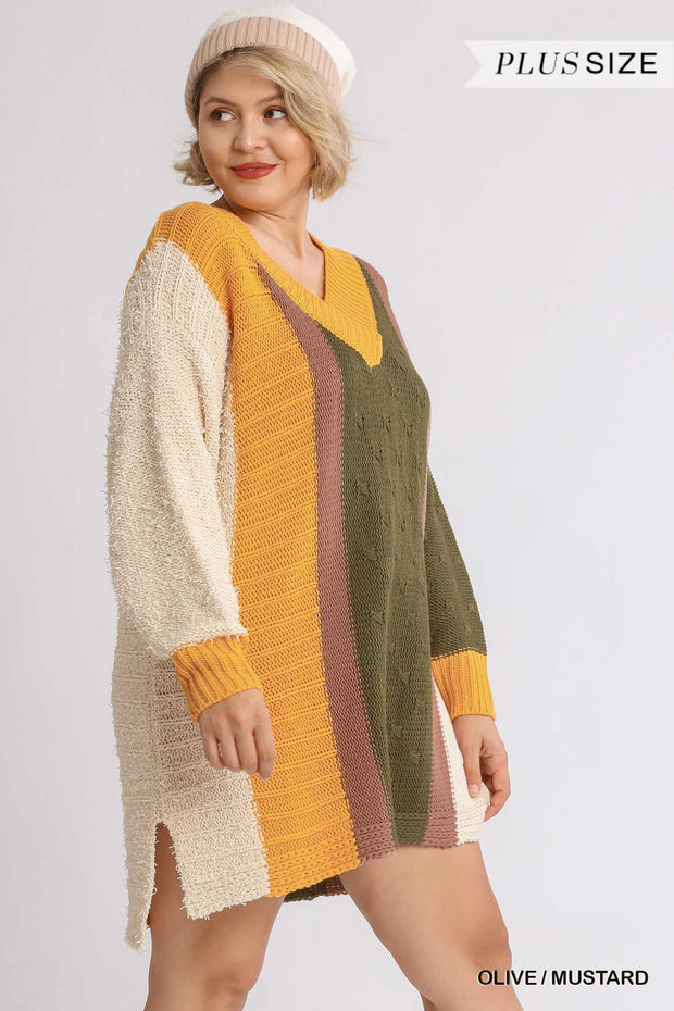 Oversized Multicolor Bouclé V-neck Pullover Sweater Dress With Side Slit - Fashionmj