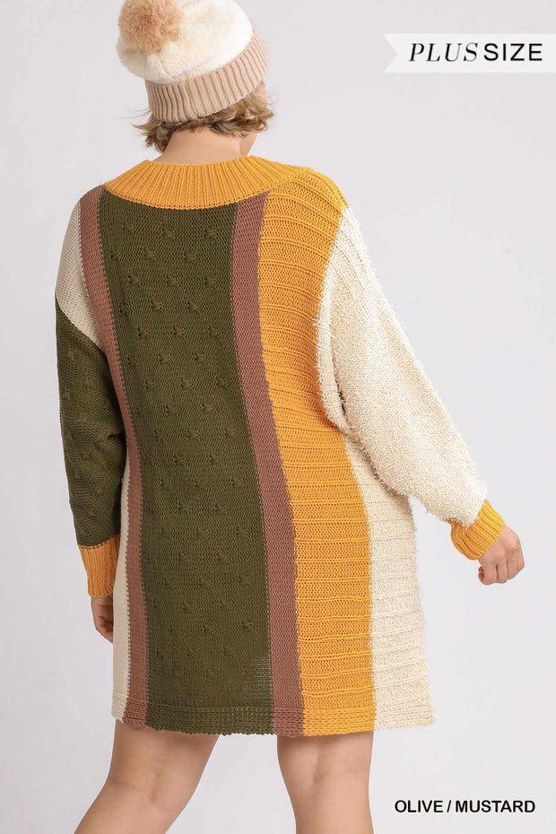 Oversized Multicolor Bouclé V-neck Pullover Sweater Dress With Side Slit - Fashionmj