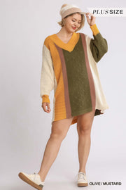 Oversized Multicolor Bouclé V-neck Pullover Sweater Dress With Side Slit - Fashionmj