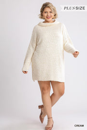 High Cowl Neck Bouclé Long Sleeve Sweater Dress