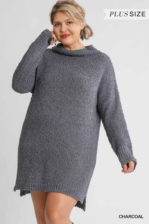 High Cowl Neck Bouclé Long Sleeve Sweater Dress