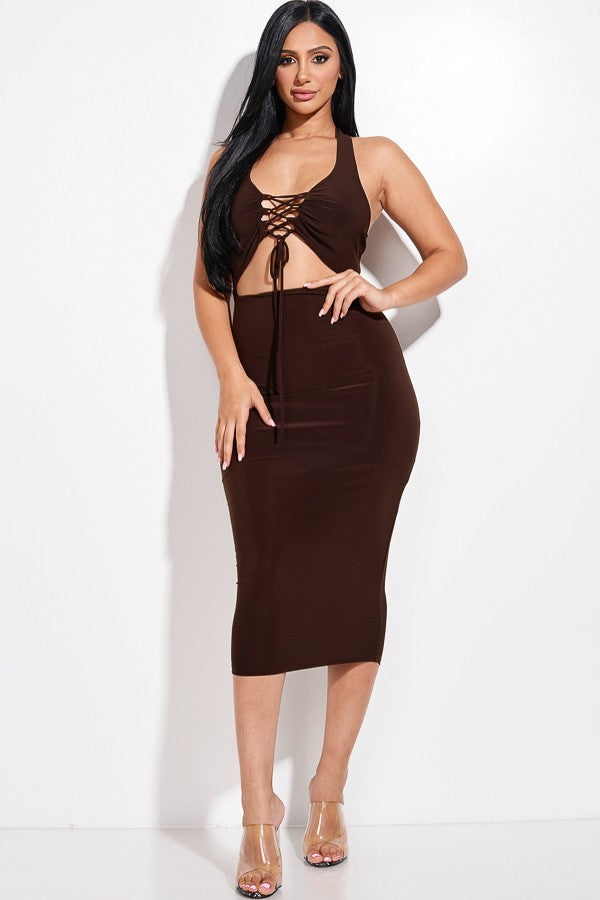 Solid Halter Neck Midi Dress With Criss Cross Front And Cutout - Fashionmj