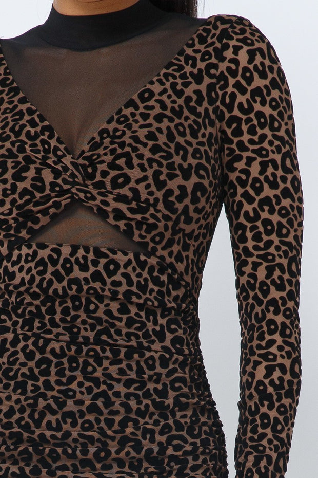 Animal Print Long Sleeve Mock Neck Mini Dress - Fashionmj