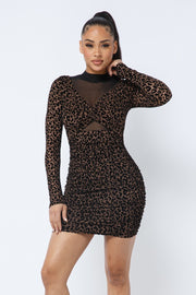 Animal Print Long Sleeve Mock Neck Mini Dress - Fashionmj