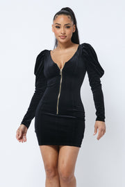 Soft Velvet Pleated Puff Sleeve Low V Neck Front And Back Mini Dress - Fashionmj