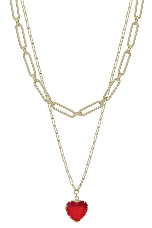 Metal Chain Heart Pendant 2 Layered Necklace - Fashionmj