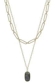 2 Layered Metal Chain Stone Pendant Necklace - Fashionmj