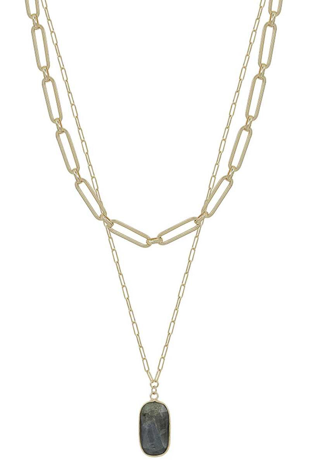 2 Layered Metal Chain Stone Pendant Necklace - Fashionmj