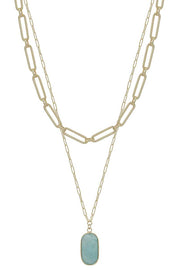 2 Layered Metal Chain Stone Pendant Necklace - Fashionmj