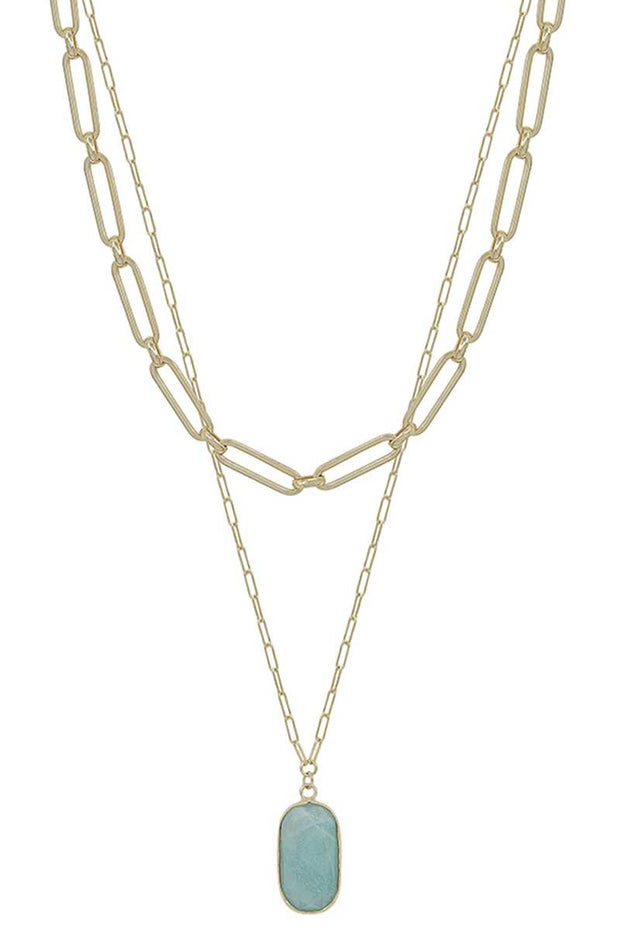 2 Layered Metal Chain Stone Pendant Necklace - Fashionmj