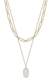 2 Layered Metal Chain Stone Pendant Necklace - Fashionmj