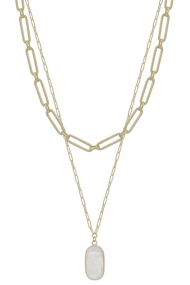 2 Layered Metal Chain Stone Pendant Necklace - Fashionmj