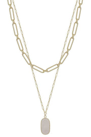 2 Layered Metal Chain Stone Pendant Necklace - Fashionmj