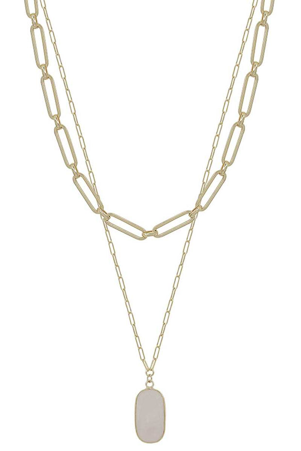 2 Layered Metal Chain Stone Pendant Necklace - Fashionmj