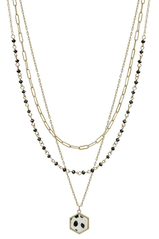 3 Layered Metal Crystal Bead Chain Hexagon Leopard Pendant Necklace - Fashionmj