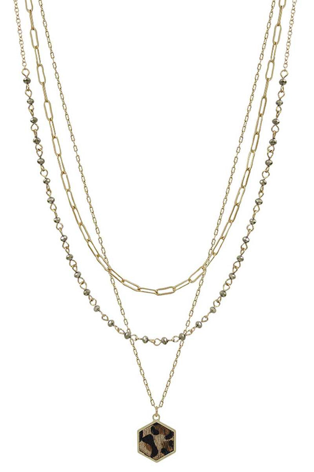 3 Layered Metal Crystal Bead Chain Hexagon Leopard Pendant Necklace - Fashionmj