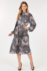 Long Sleeve Pleated Snake Skin Print Midi Dress - Fashionmj