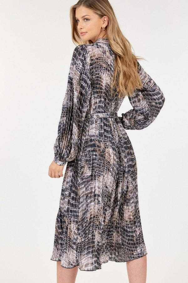 Long Sleeve Pleated Snake Skin Print Midi Dress - Fashionmj