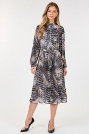 Long Sleeve Pleated Snake Skin Print Midi Dress - Fashionmj