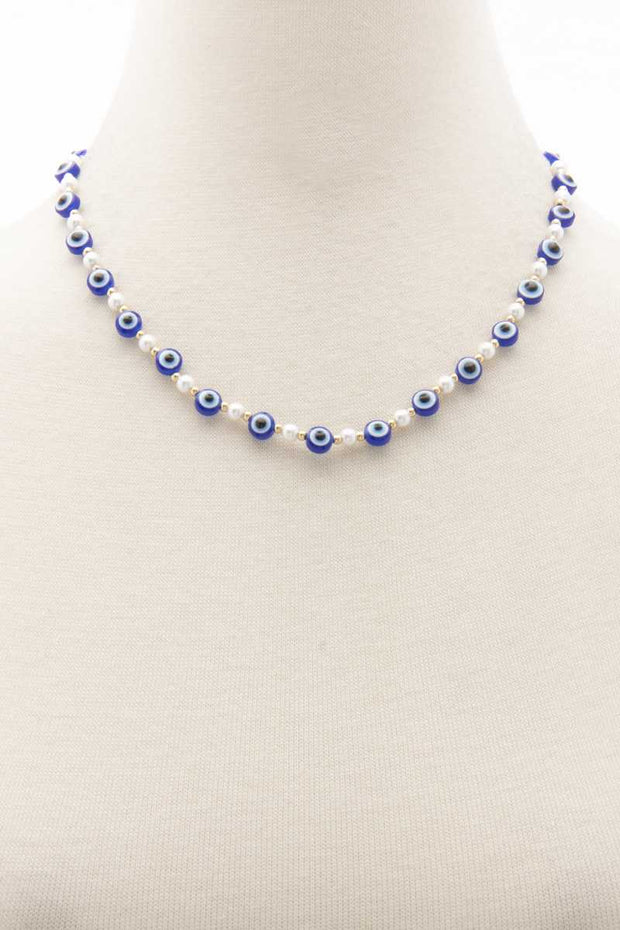 Evil Eye Pearl Bead Necklace - Fashionmj