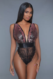 1 Pc. Cut-out Lace Bottoms With Raspberry-pink Sequins Plunging Sheer Neckline - Fashionmj