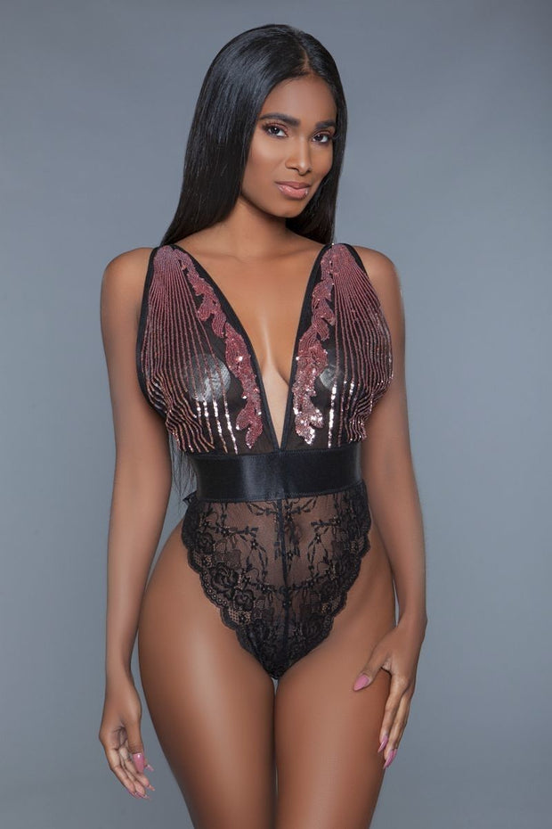 1 Pc. Cut-out Lace Bottoms With Raspberry-pink Sequins Plunging Sheer Neckline - Fashionmj