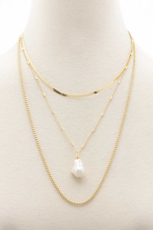 Pearl Herringbone Link Layered Necklace - Fashionmj