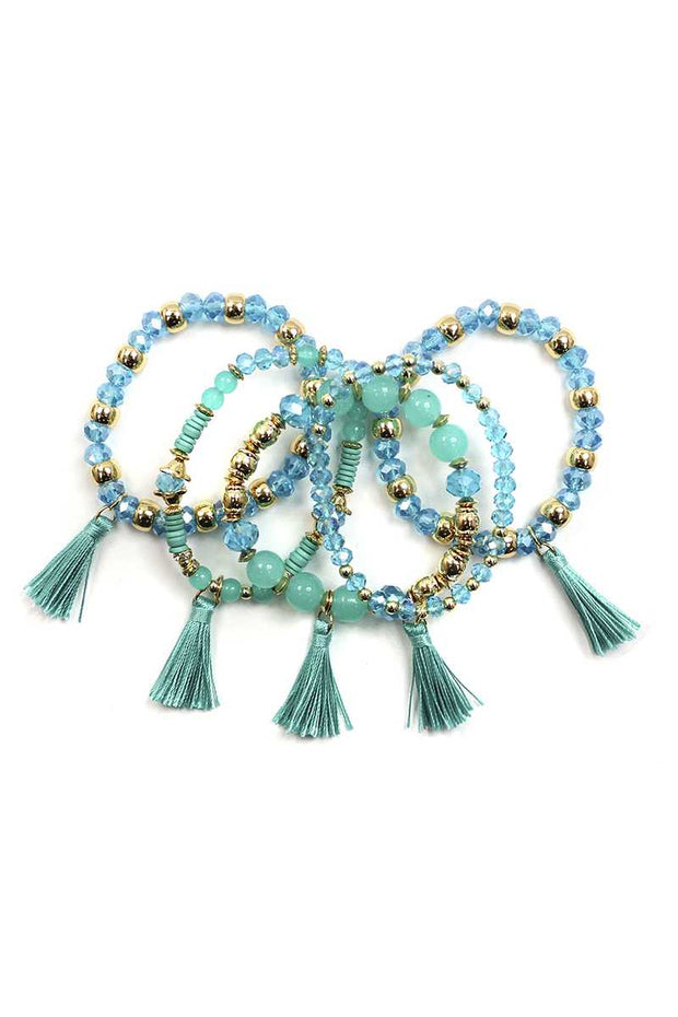 Crystal Stone Ball Bead Tassel Stretch Bracelet Set - Fashionmj