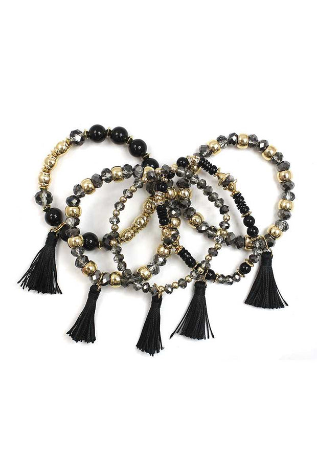 Crystal Stone Ball Bead Tassel Stretch Bracelet Set - Fashionmj