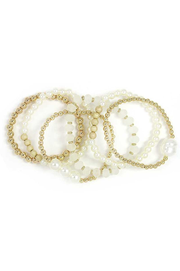 Pearl Metal Ball Stertch Bracelet Set - Fashionmj