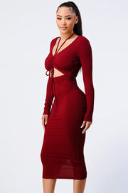 Trendy Front Shirring Cut-out Long Sleeved Dress - Fashionmj