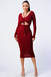 Trendy Front Shirring Cut-out Long Sleeved Dress - Fashionmj