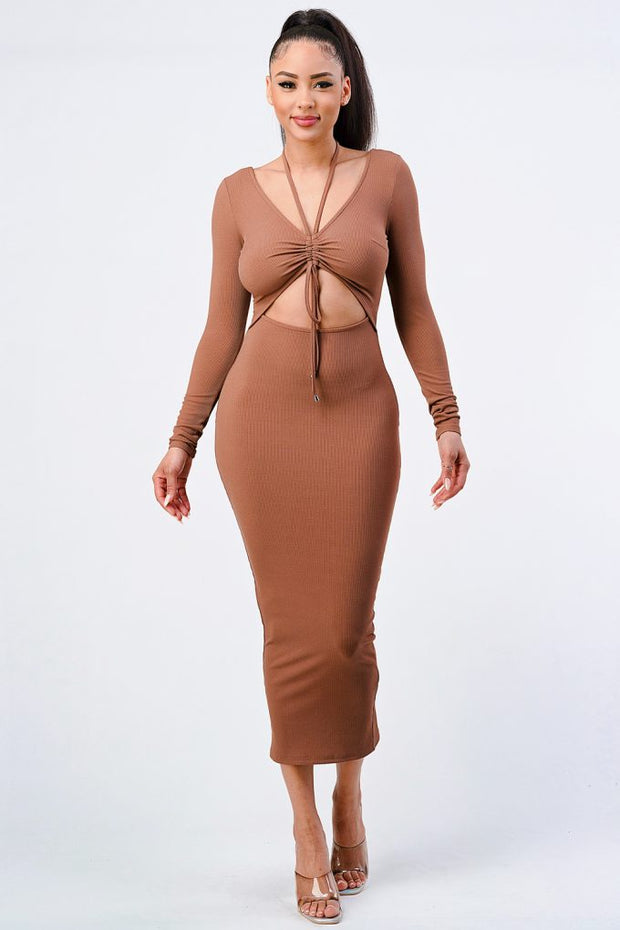 Trendy Front Shirring Cut-out Long Sleeved Dress - Fashionmj