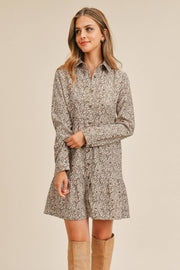 Corduroy Printed Button Down Front Collar Long Sleeve Dress - Fashionmj