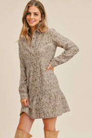 Corduroy Printed Button Down Front Collar Long Sleeve Dress - Fashionmj