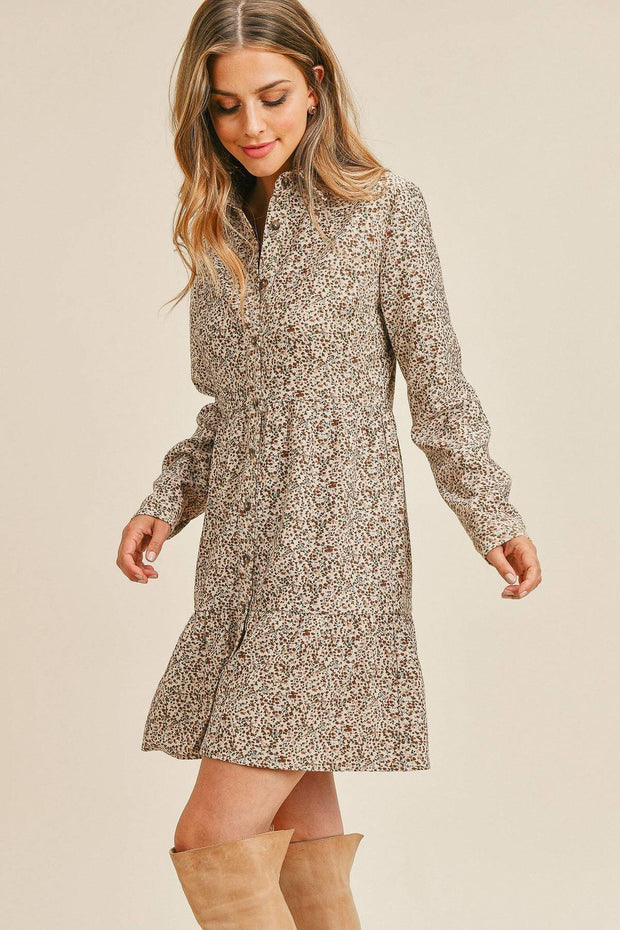 Corduroy Printed Button Down Front Collar Long Sleeve Dress - Fashionmj