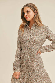 Corduroy Printed Button Down Front Collar Long Sleeve Dress - Fashionmj