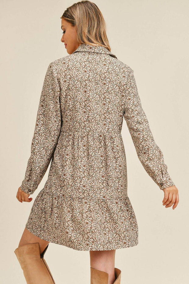 Corduroy Printed Button Down Front Collar Long Sleeve Dress - Fashionmj