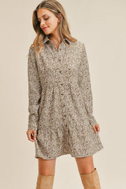 Corduroy Printed Button Down Front Collar Long Sleeve Dress - Fashionmj