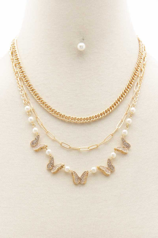 Butterfly Charm Oval Link Layered Necklace - Fashionmj