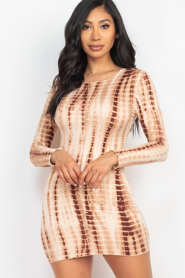 Tie-dye Printed Lettuce Trim Bodycon Dress - Fashionmj