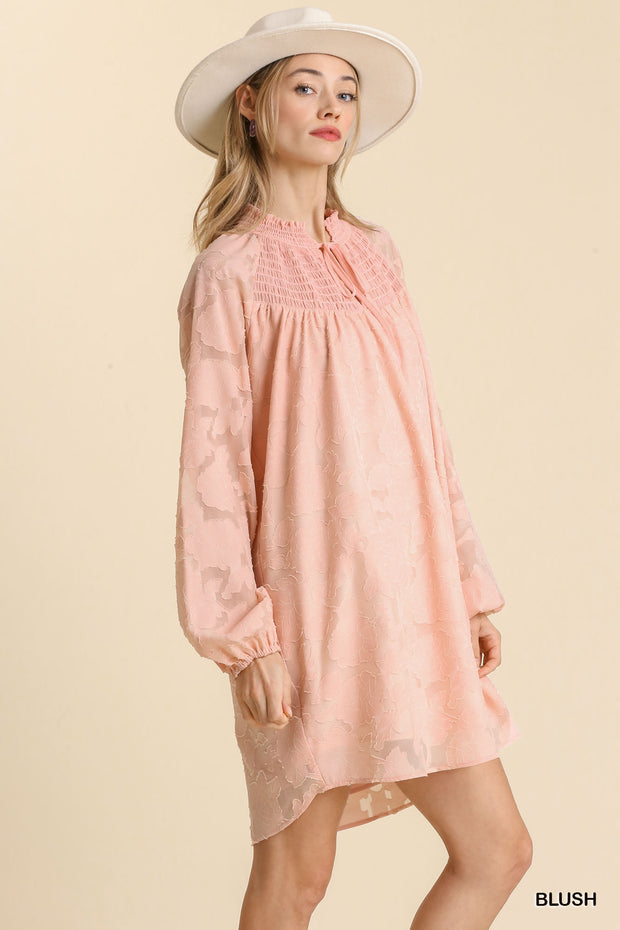 Jacquard Raglan Smocked Tie Neck Yoke Dress - Fashionmj