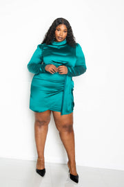 Satin Mock Neck Rouched Mini Dress - Fashionmj