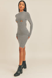 Long Sleeve Stripe Print Midi Dress - Fashionmj